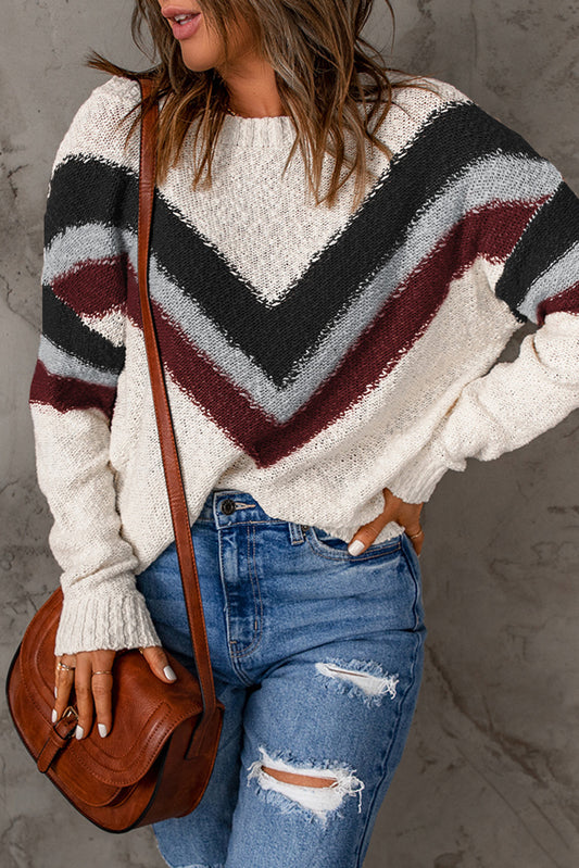Black Chevron Striped Drop Shoulder Sweater