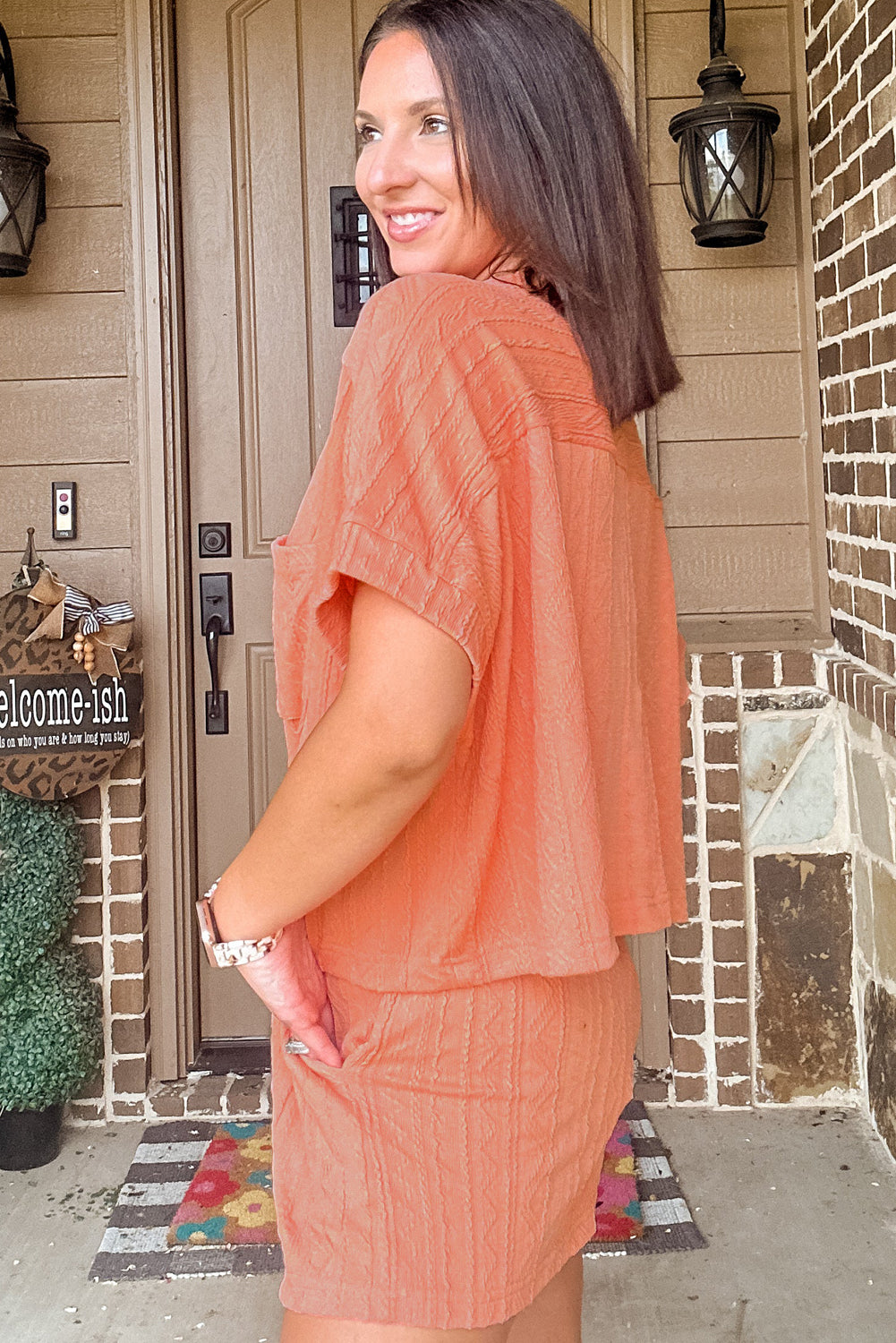 Lavendar Lane Clothing Pale Chestnut textured short sleeve top with patched pocket and matching drawstring shorts set.