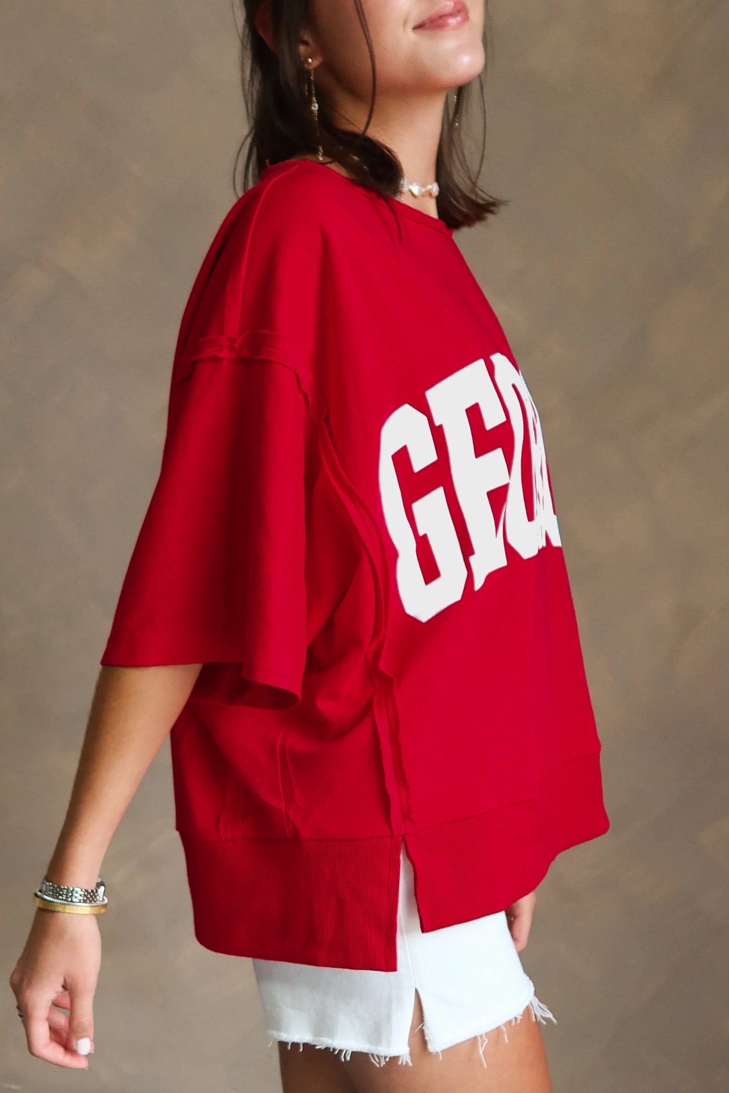 Racing Red Georgia letter printed raw seam drop shoulder loose blouse by Lavendar Lane Clothing, casual and stylish women's top.