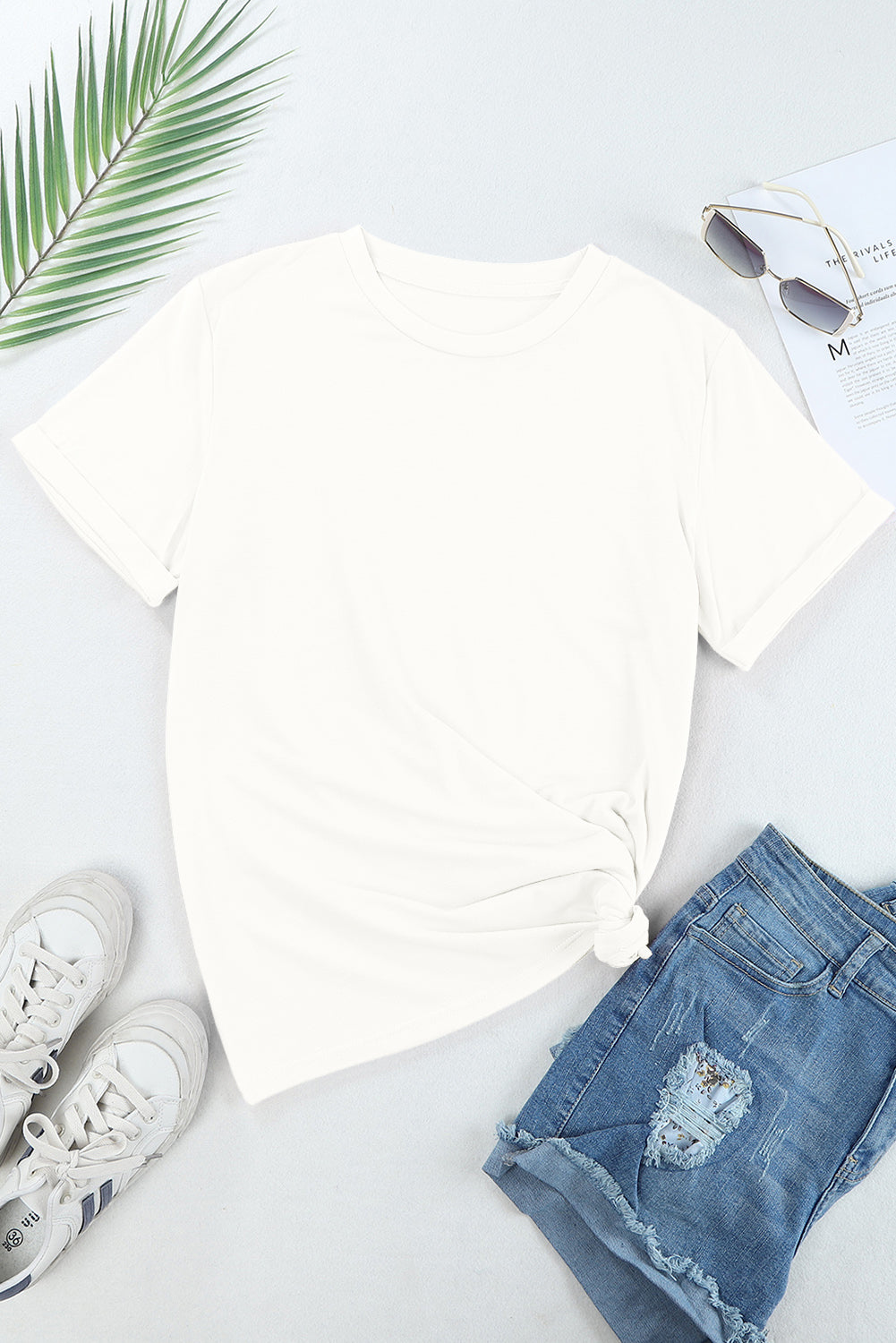 White Casual Plain Crew Neck Top