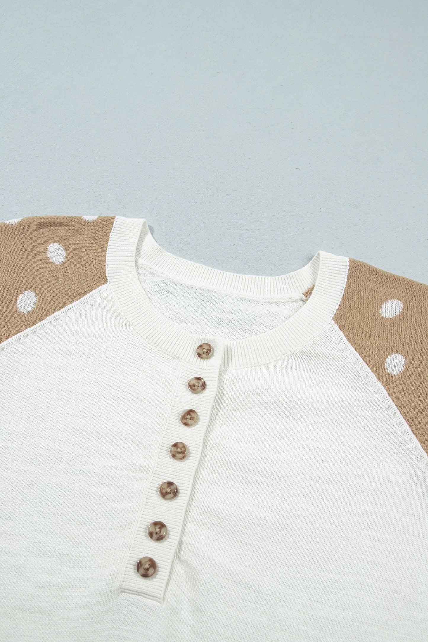 Khaki Polka Dot Contrast Long Sleeve Button V Neck Sweater