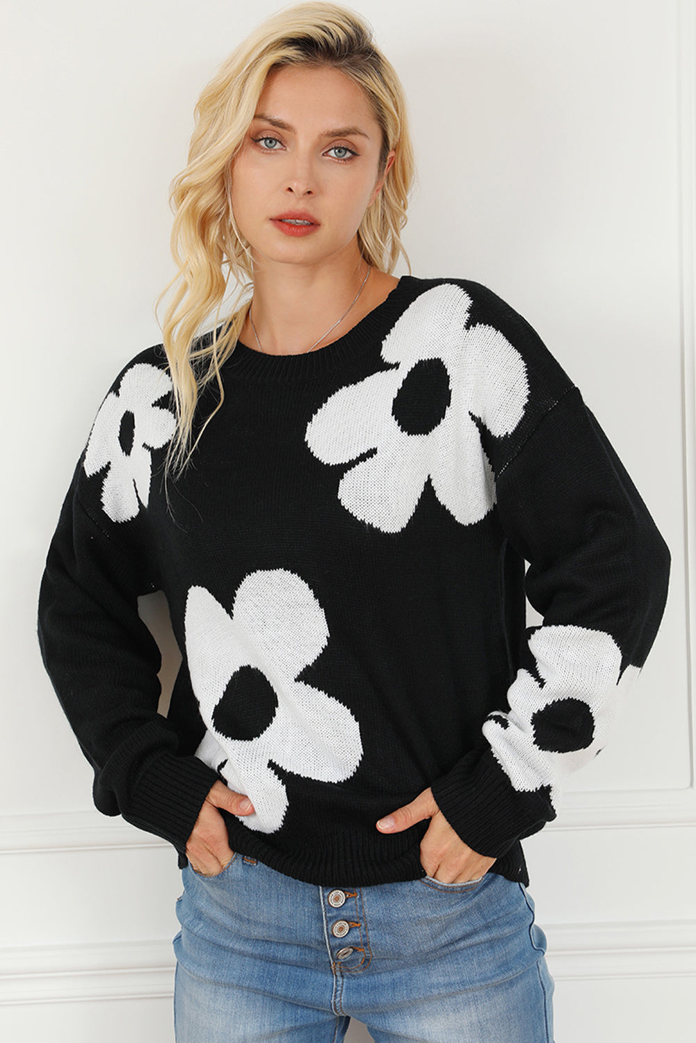 Black Big Flower Pattern Knit Sweater