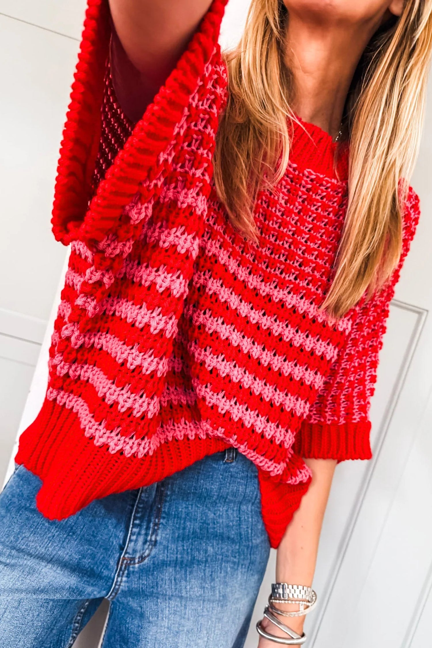 Lavendar Lane Clothing red stripe 3/4 draped sleeve slouchy sweater, casual knit with relaxed fit and stylish design.