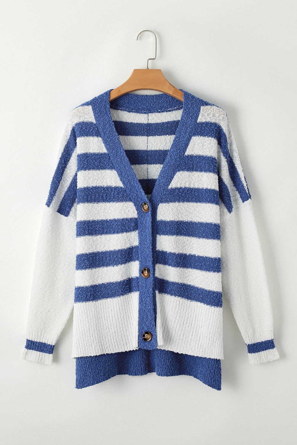 Blue Stripe V Neck Buttoned High Low Sweater Cardigan