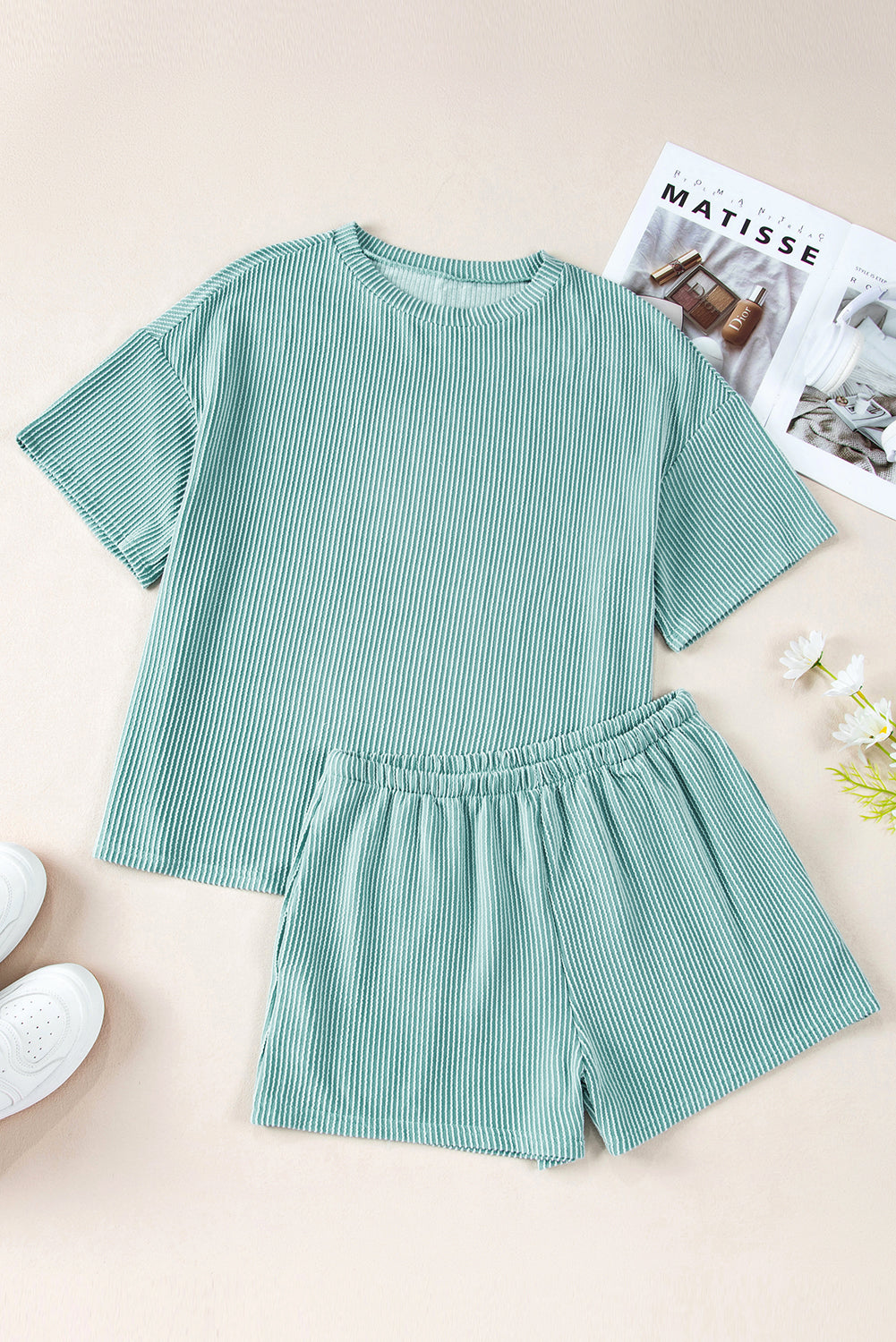 Iceland Blue Ribbed Textured Knit Loose Fit Top and Shorts Set