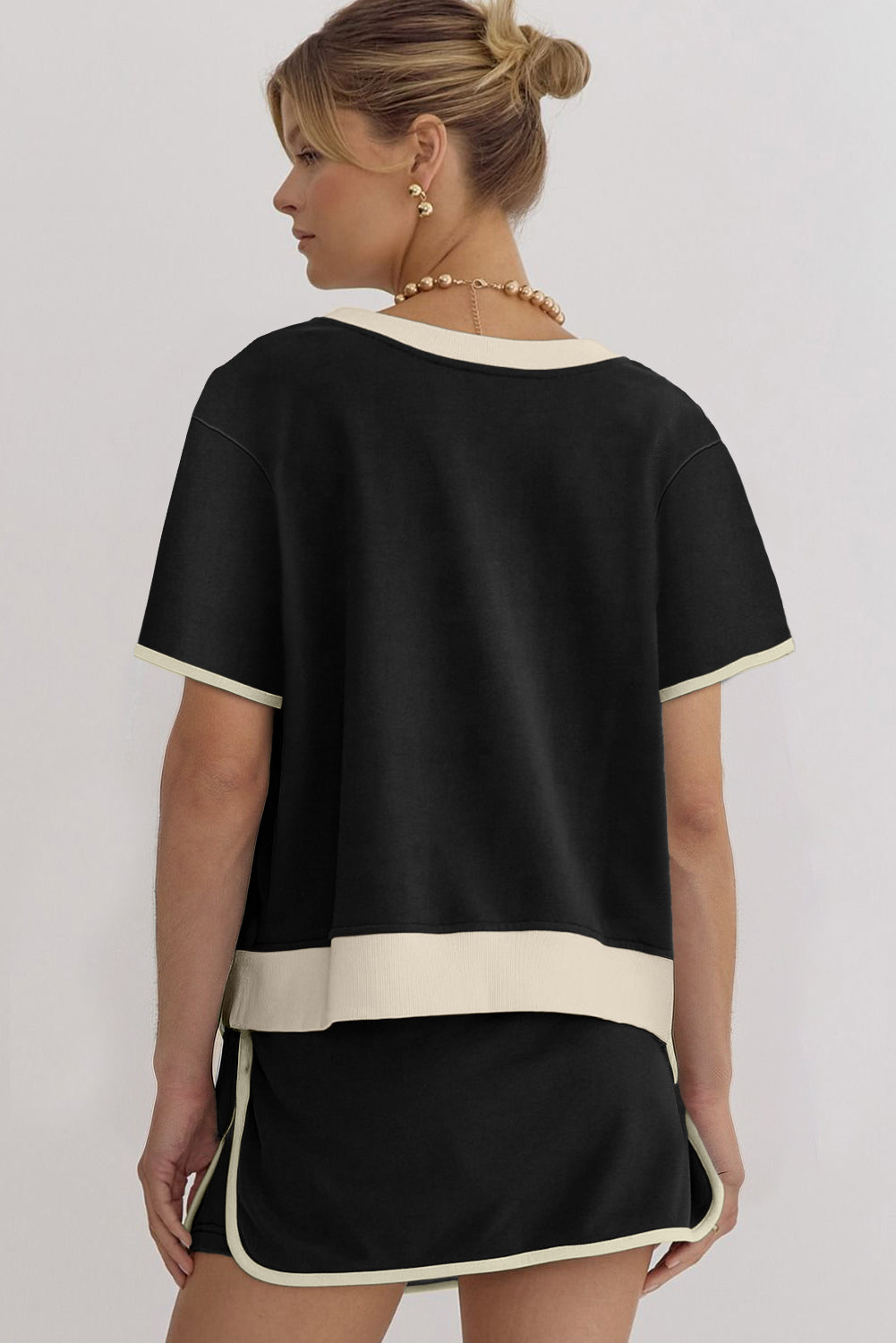 Black Colorblock Edge Drop Shoulder Top and Skort 2Pcs Set