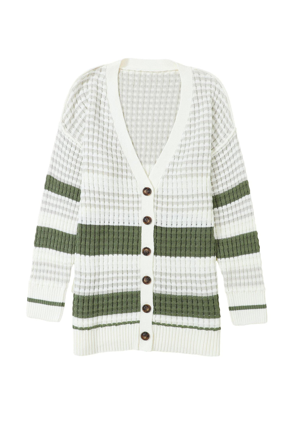 Green Colorblock Textured Knit Buttoned Cardigan