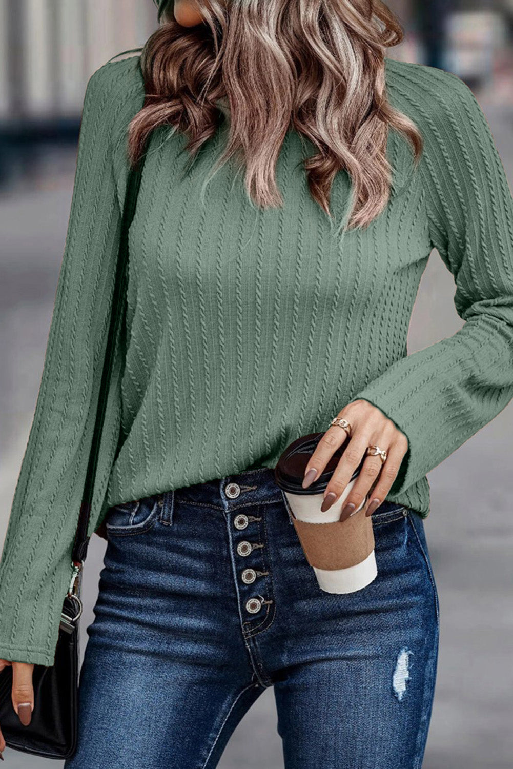 Green Ribbed Round Neck Knit Long Sleeve Top