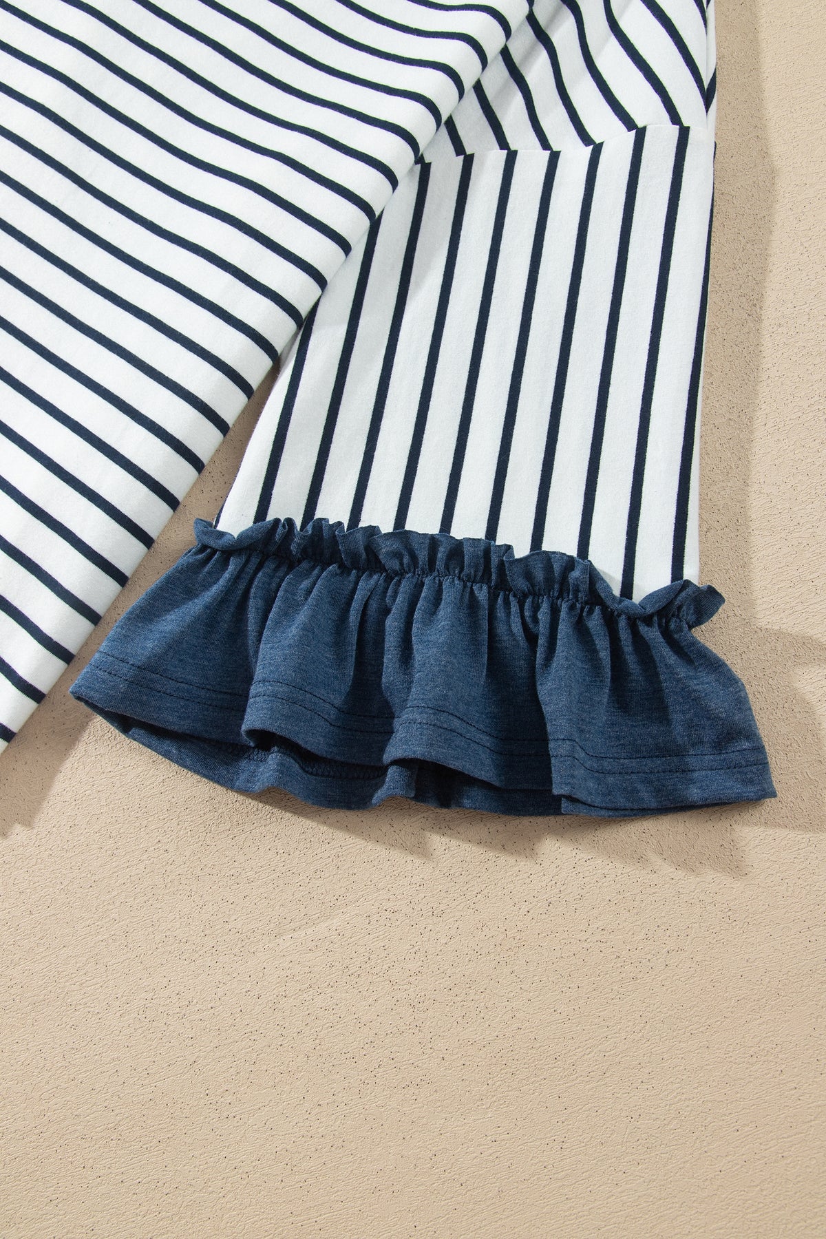 Khaki Stripe V Neck Ruffle Contrast Sleeve Top Drawstring Pants 2pcs Set