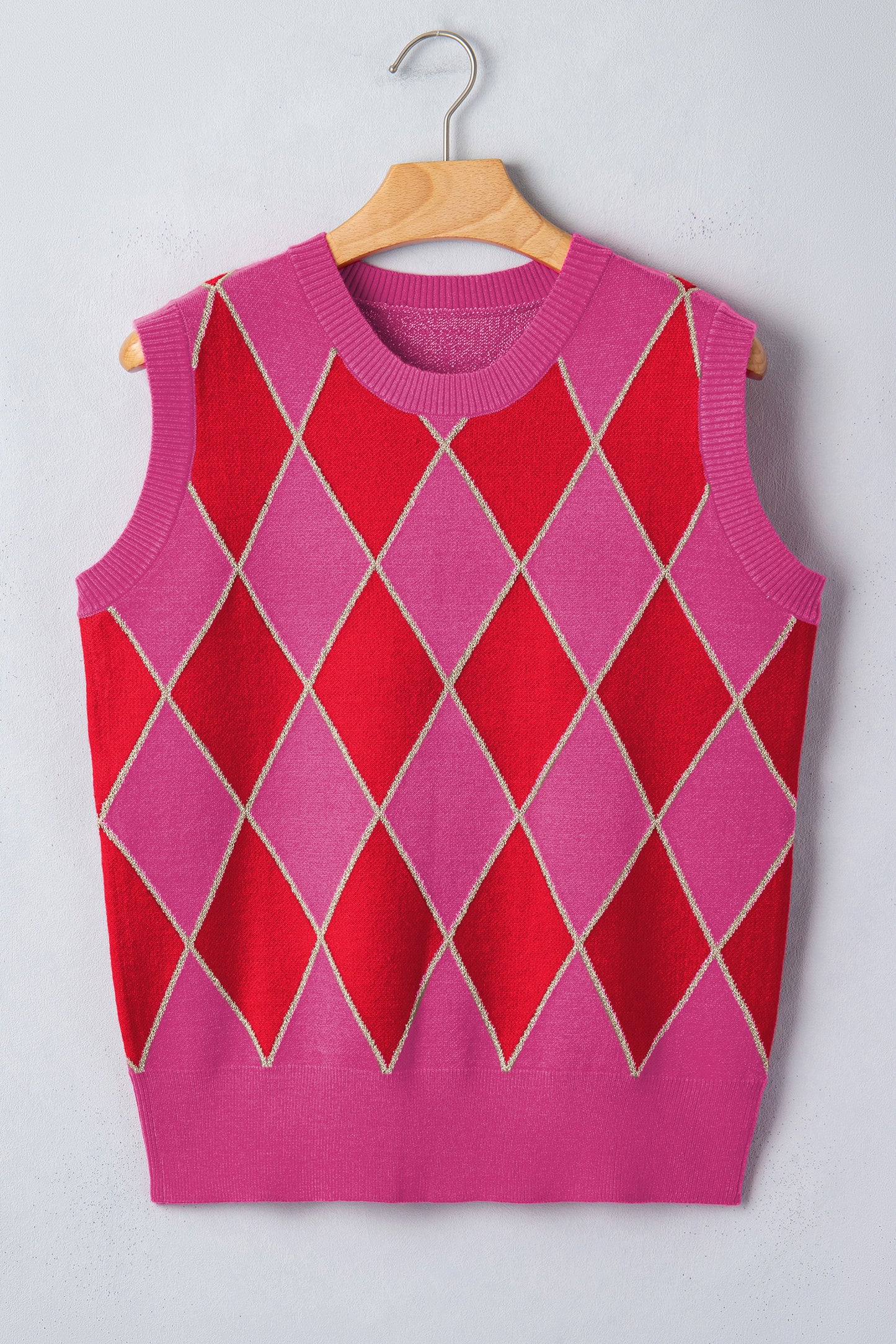 Lavendar Lane Clothing rose glitter trim rhombus pattern knit sweater vest with vibrant pink and red hues, cozy and stylish.
