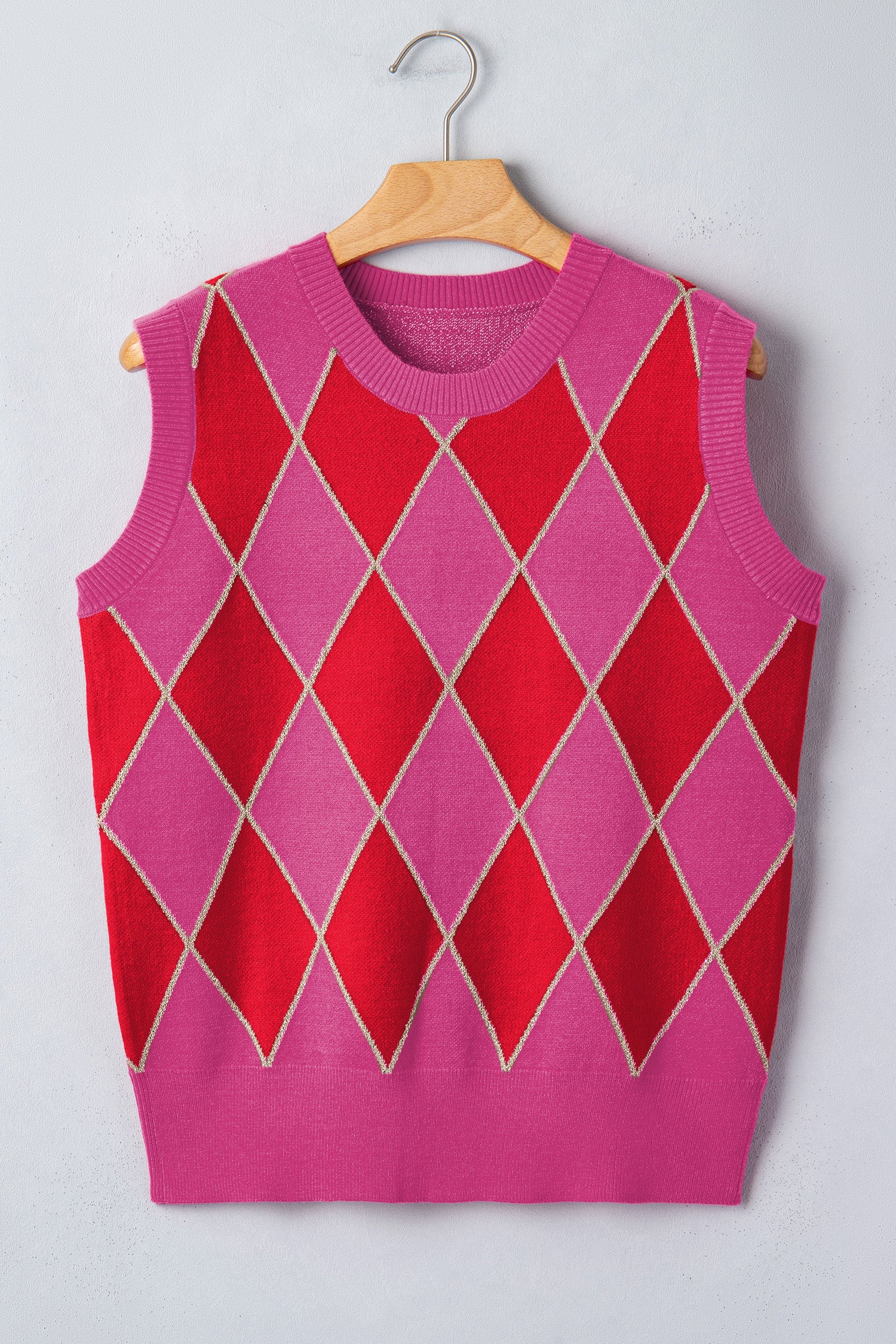 Lavendar Lane Clothing rose glitter trim rhombus pattern knit sweater vest with vibrant pink and red hues, cozy and stylish.