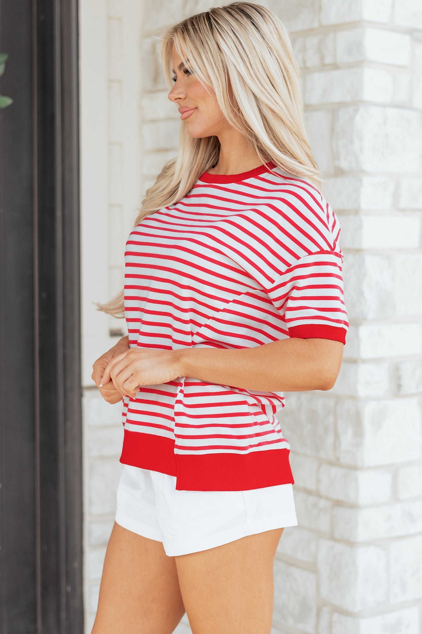 Red Stripe Drop Shoulder Half Sleeve Top