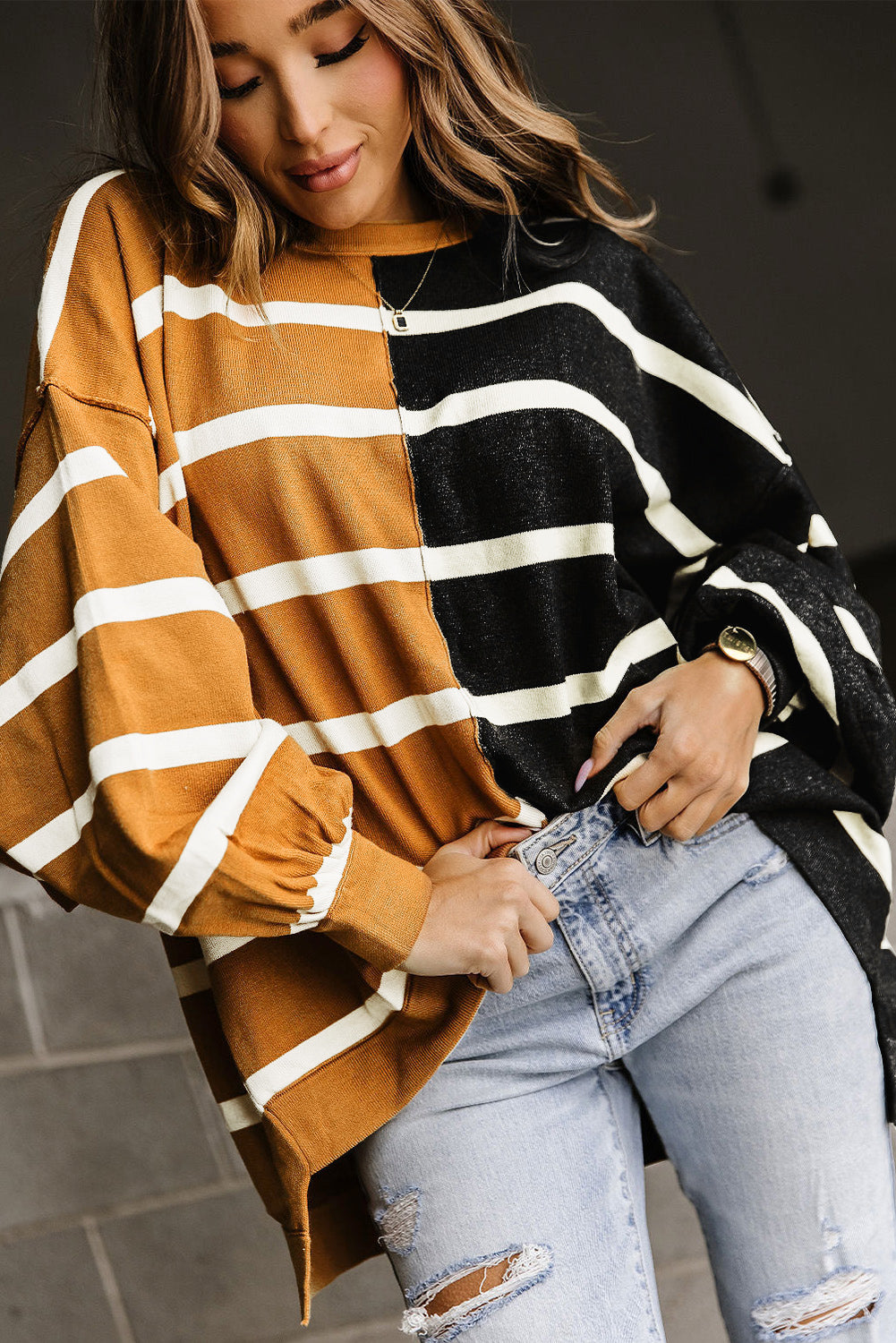 Stripe Oversized Contrast Printed Dropped Shoulder Top