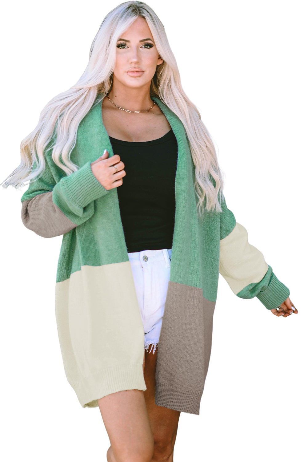 Green Colorblock Draped Open Front Chunky Cardigan