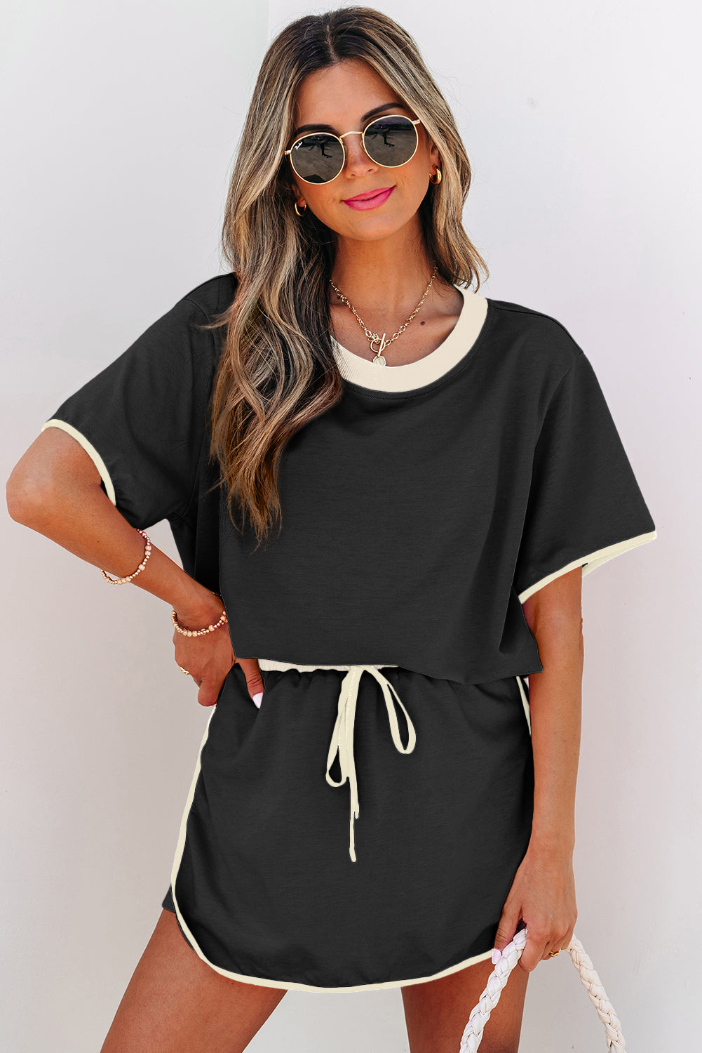 Black Colorblock Edge Drop Shoulder Top and Skort 2Pcs Set