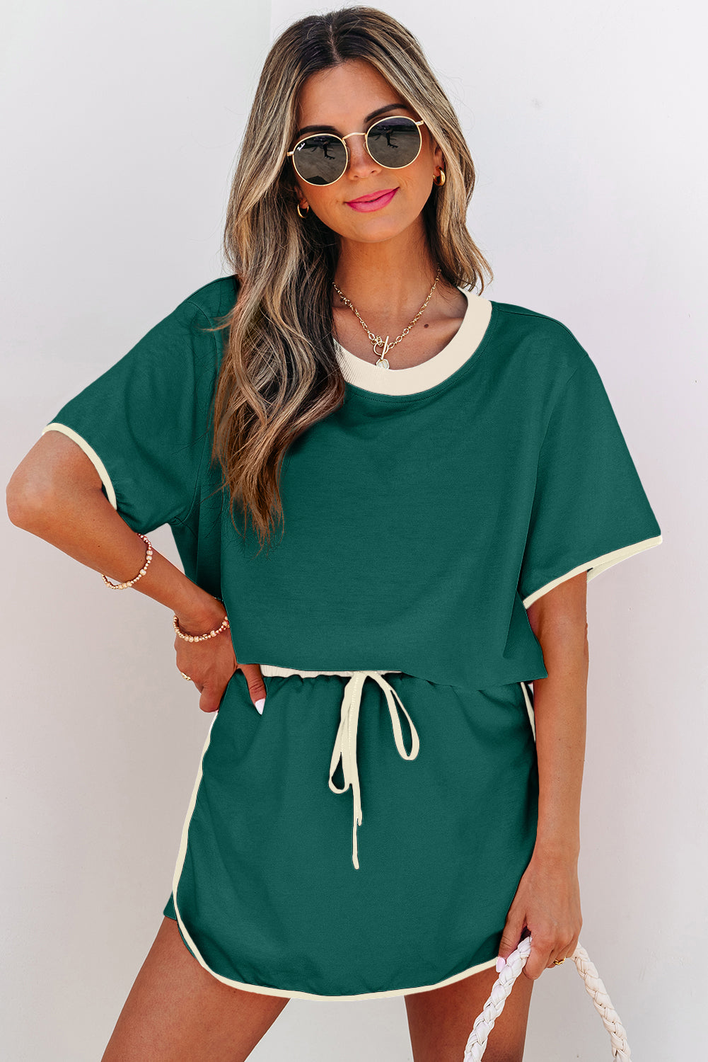 Evergreen Colorblock Edge Drop Shoulder Top and Skort-2Pcs Set