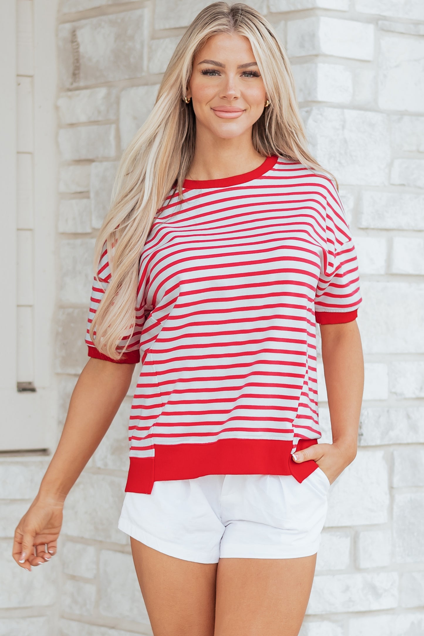 Red Stripe Drop Shoulder Half Sleeve Top