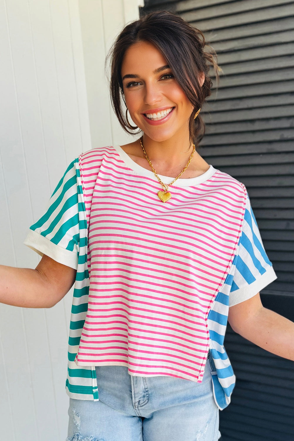 Pink Stripe Mixed Pattern Patchwork Uneven Hem Loose Top