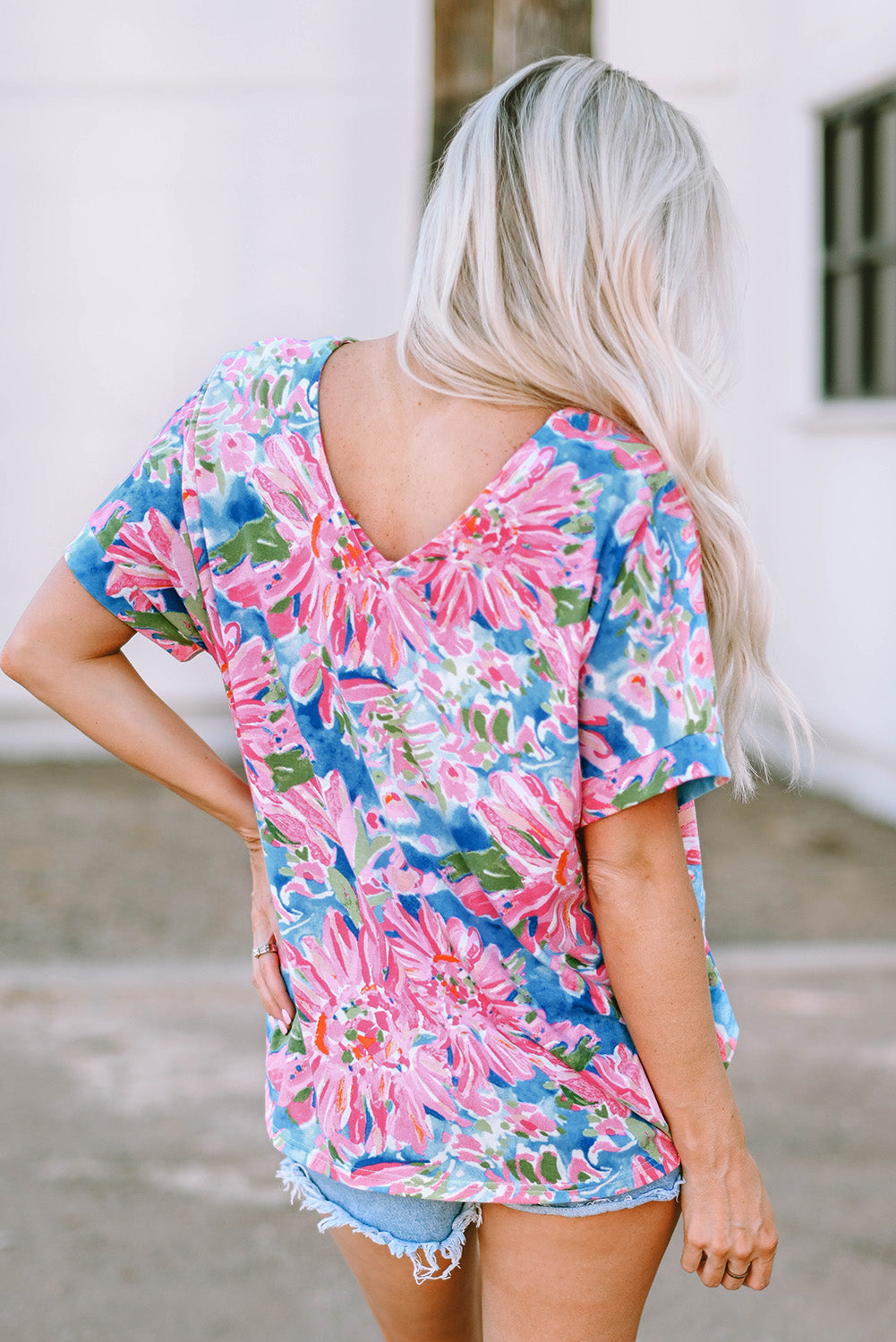 Pink Floral Print Loose Fit V Neck Top