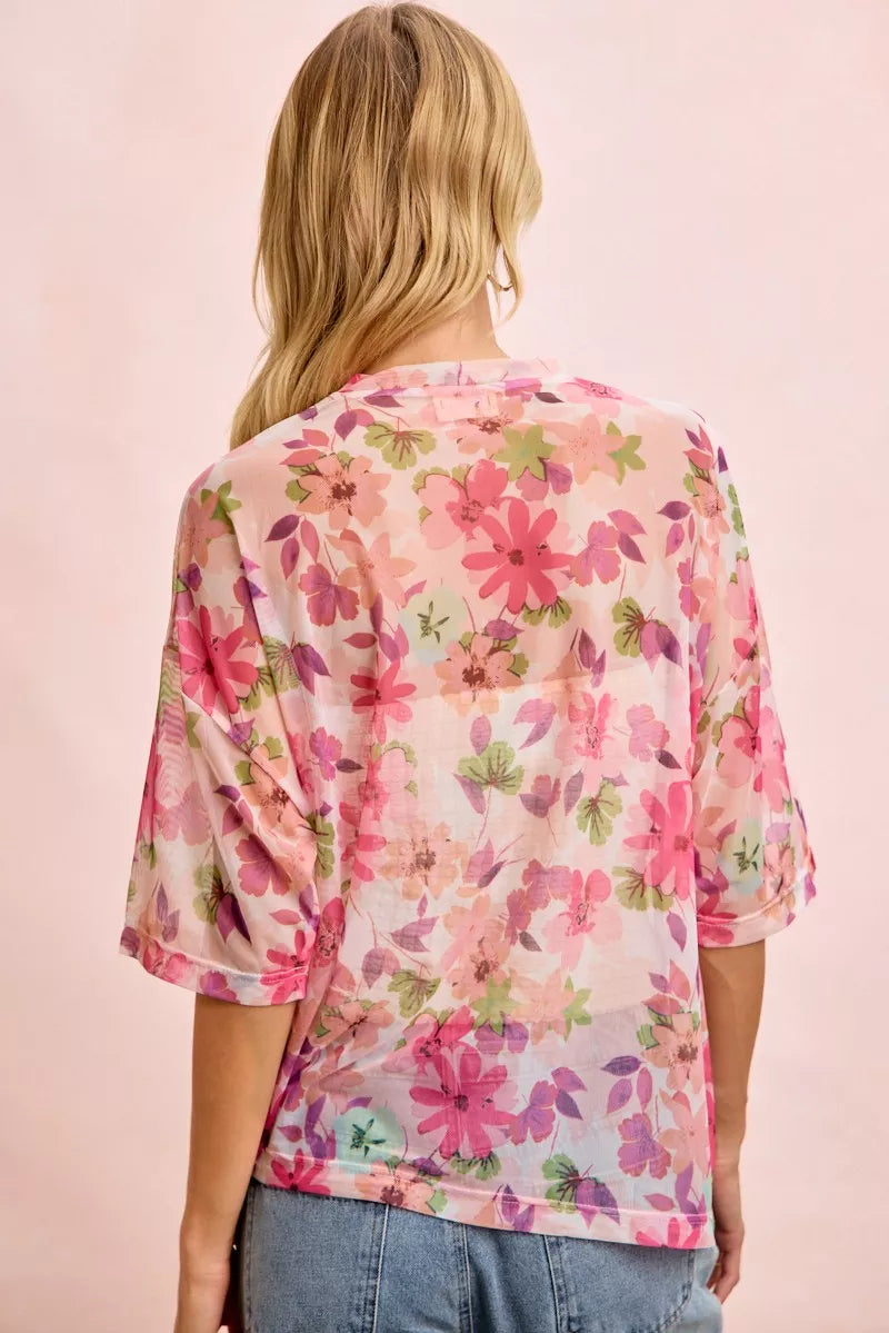 Lavendar Lane Clothing floral print short sleeve mesh blouse with boxy fit and feminine design, perfect for casual or semi-formal wear.