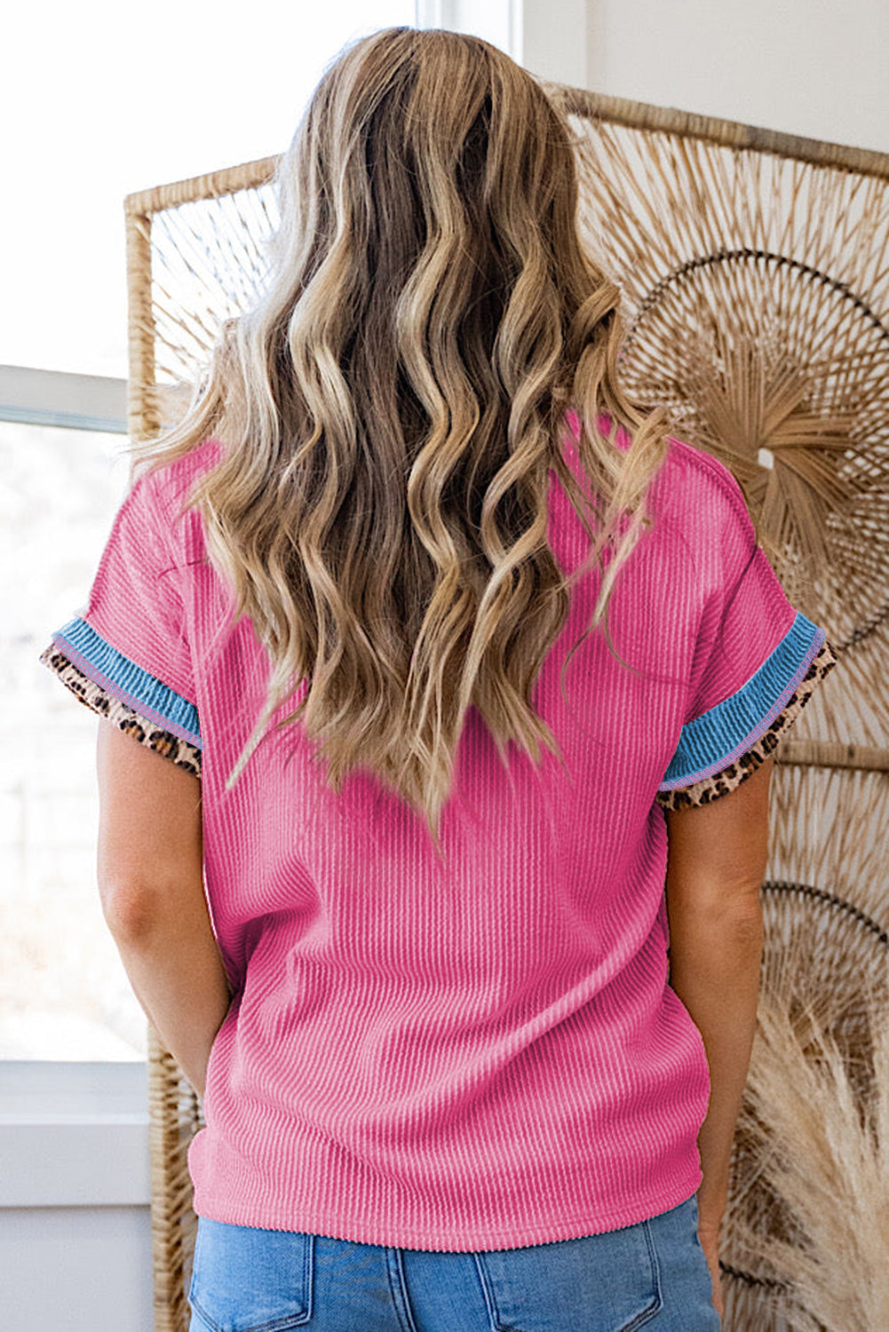 Bonbon Leopard Patchwork Corded Knit Crew Neck Top