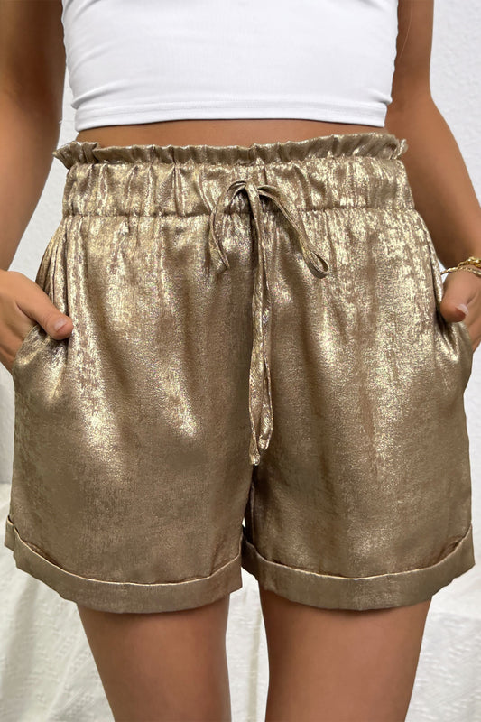 Gold Metallic Luster Tie Elastic Waist Cuffed Hem Shorts