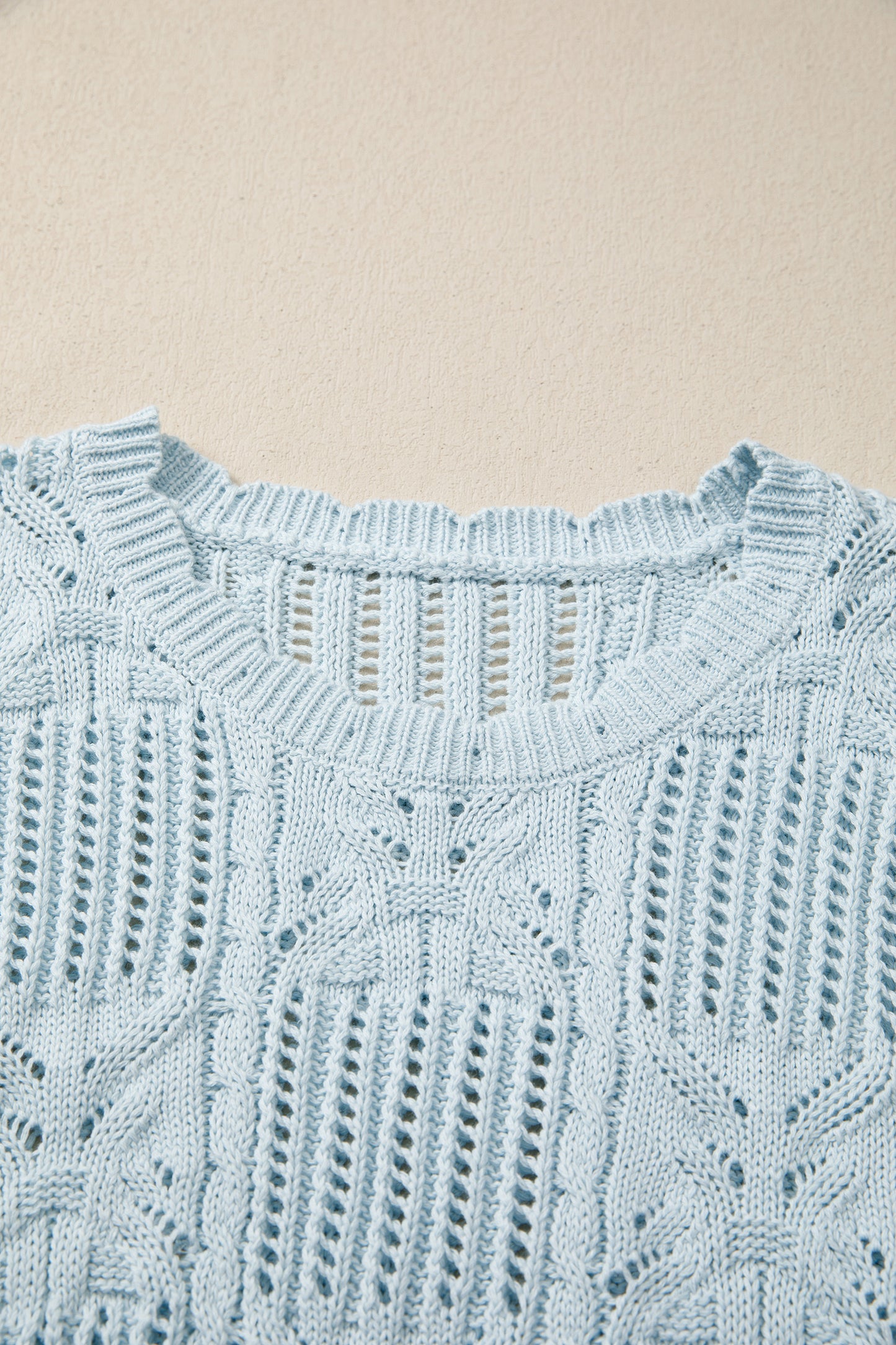 Lavendar Lane Blue Pointelle Knit Short Sleeve Sweater with scalloped trim featuring a patterned design and casual fit.