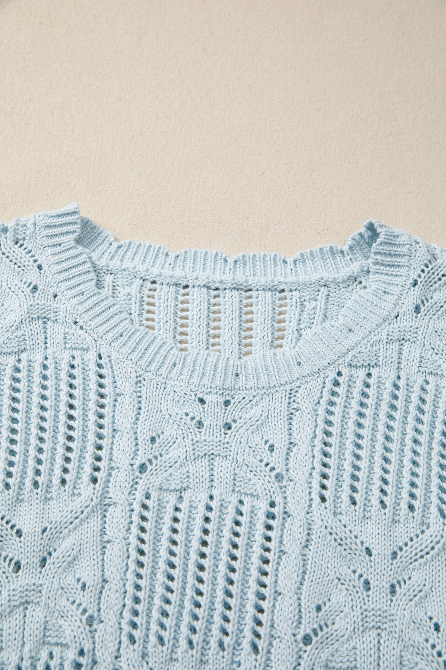 Lavendar Lane Blue Pointelle Knit Short Sleeve Sweater with scalloped trim featuring a patterned design and casual fit.