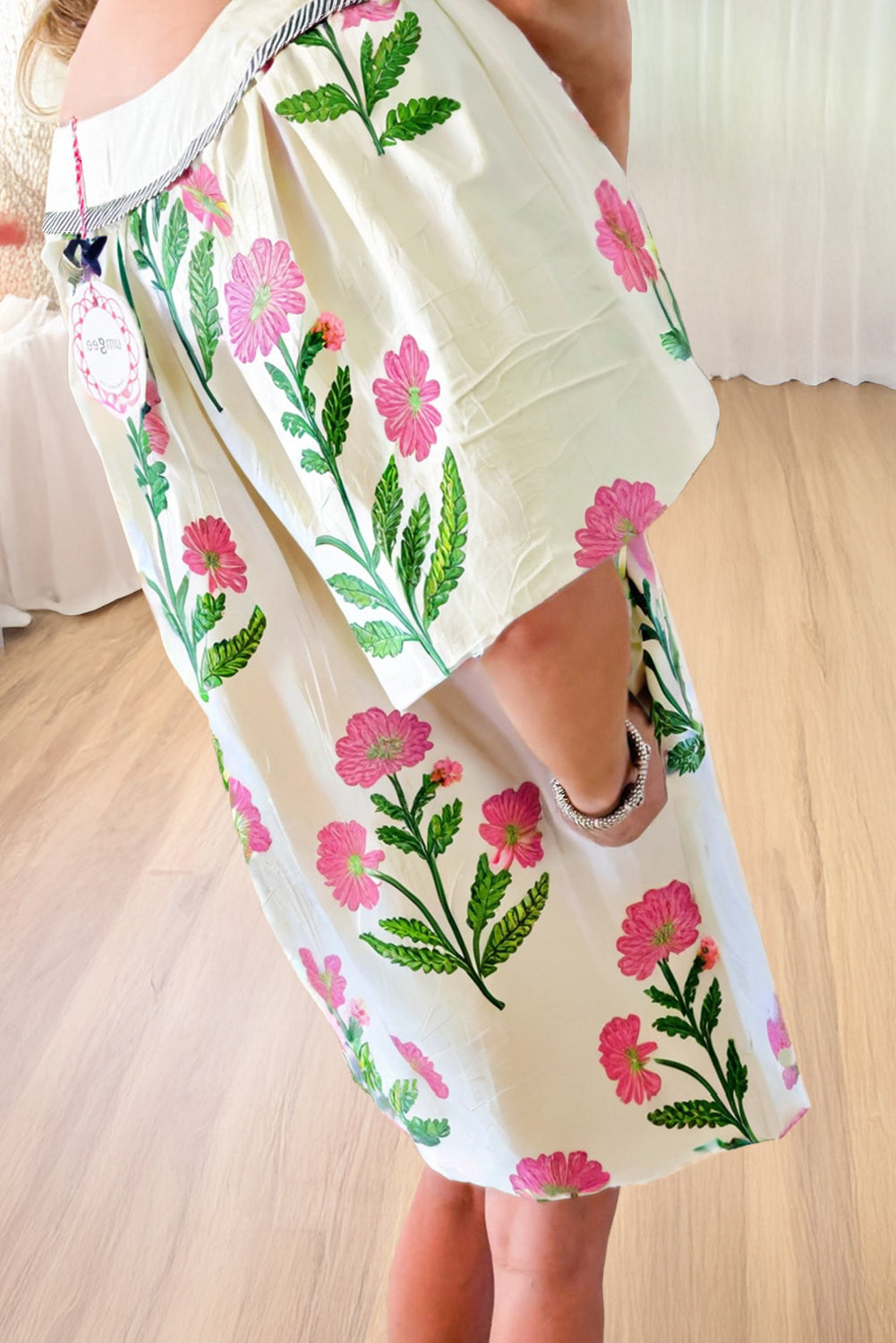 Apricot Floral Short Sleeve Split Neck Loose Mini Dress