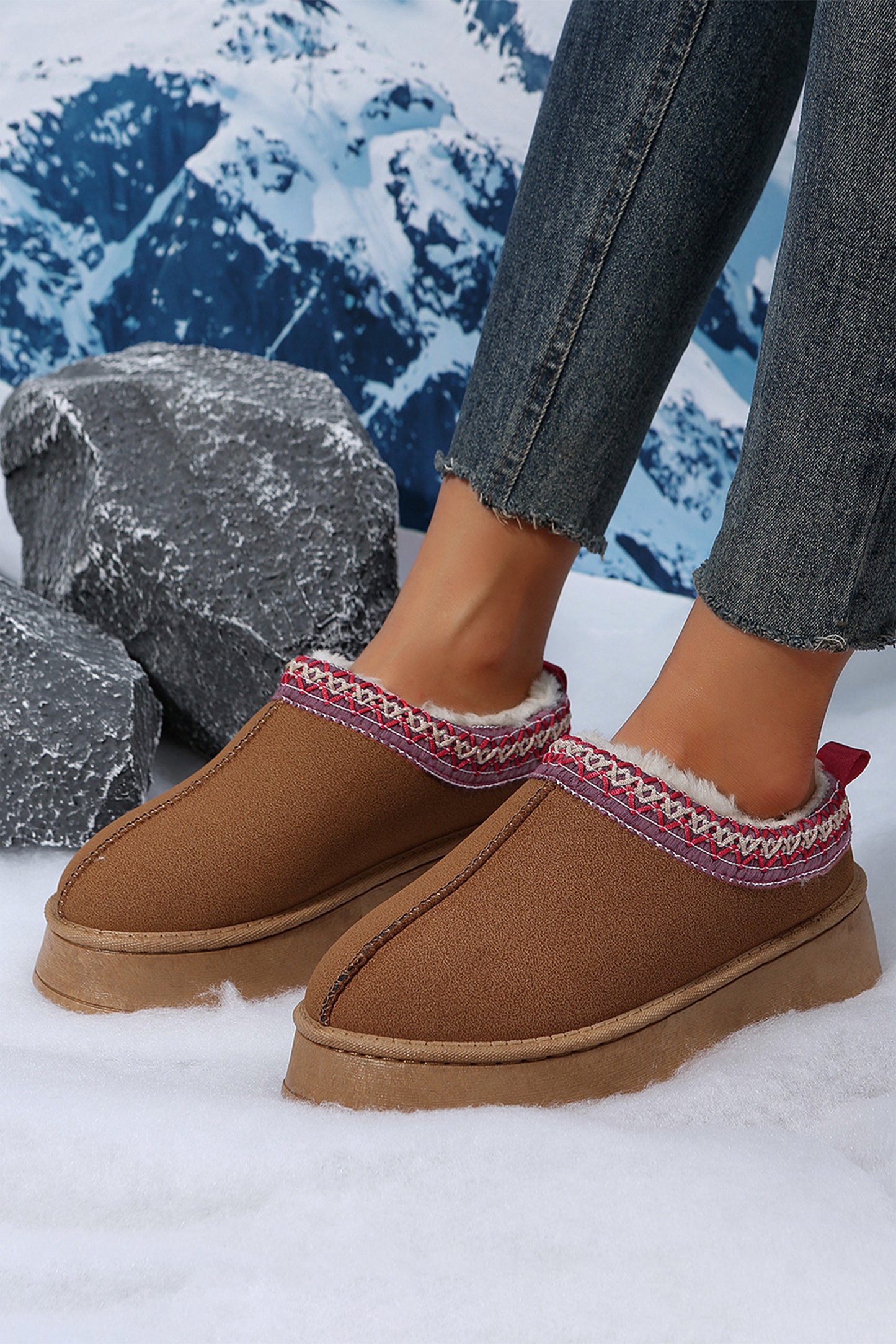 Chestnut Suede Contrast Print Plush Lined Snow Boots