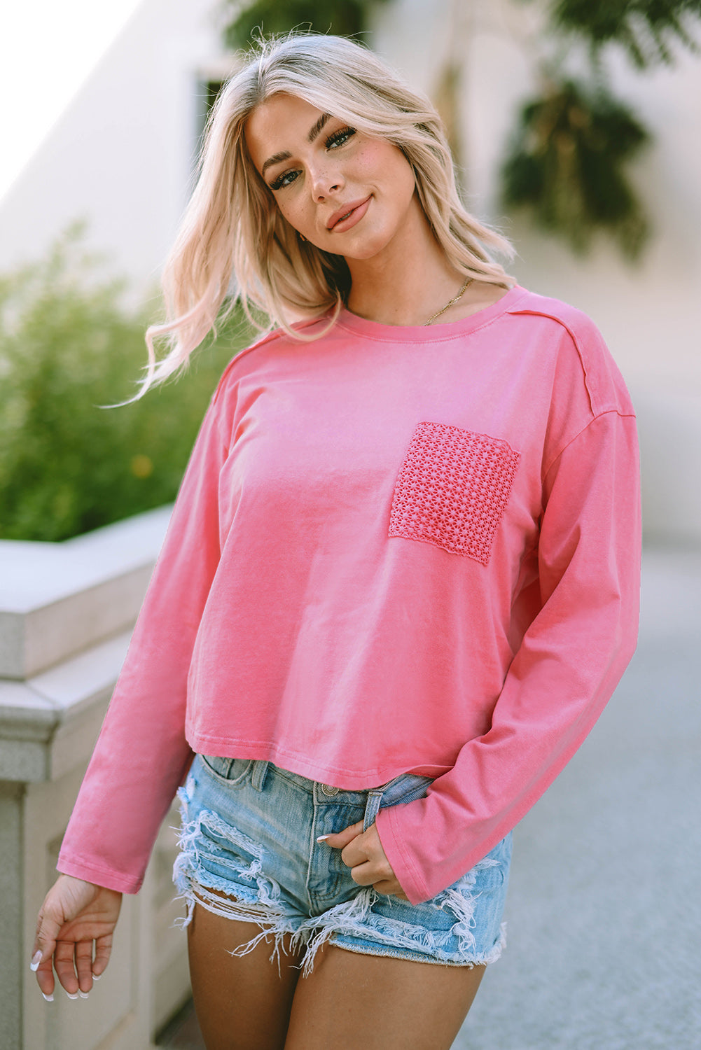 Pink Lace Patch Pocket Long Sleeve Top