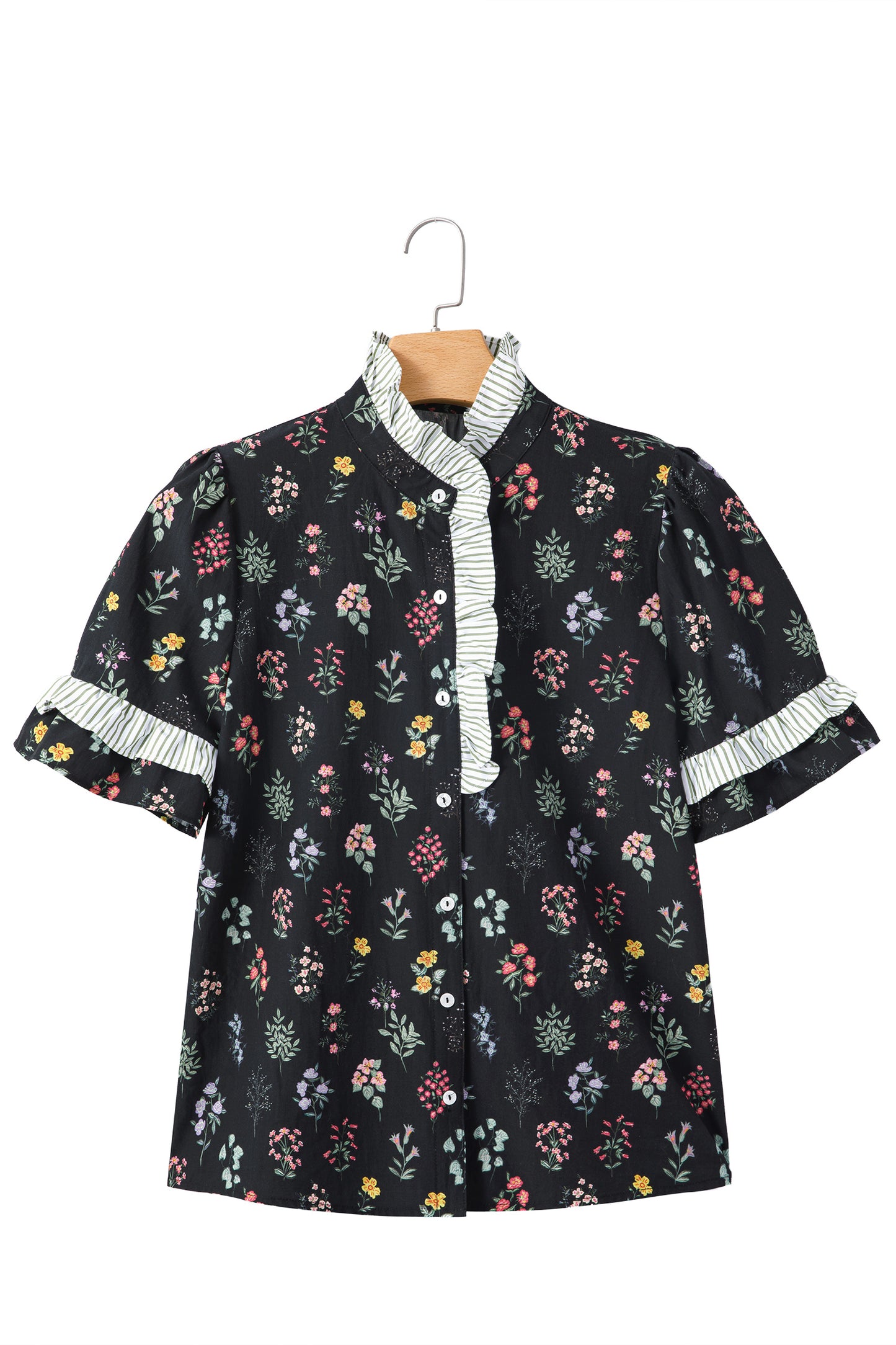 Black contrast frilled trim short sleeve floral shirt by Lavender Lane Clothing, featuring a stylish floral pattern and feminine design.