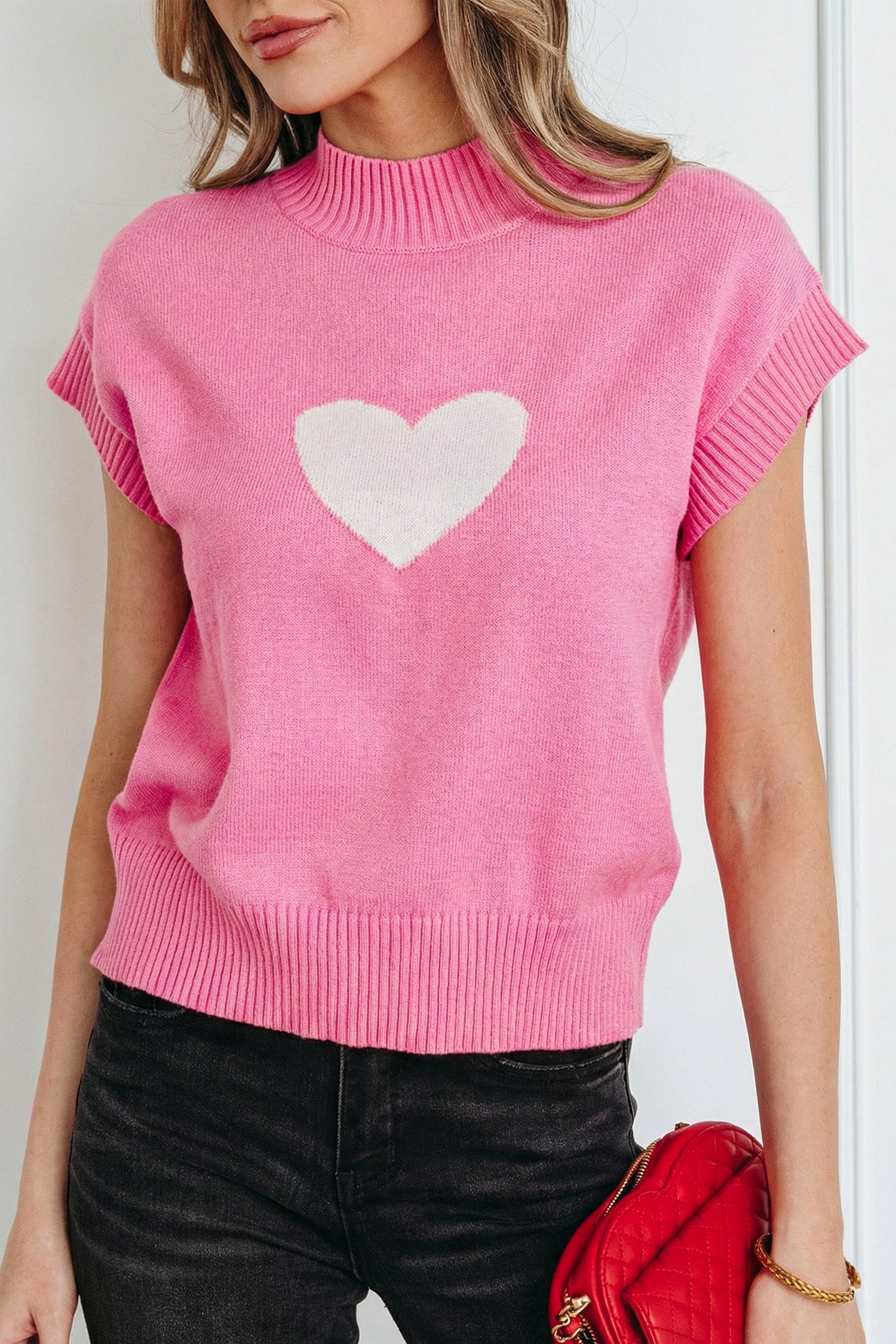 Pink Valentine heart graphic cropped short sleeve sweater from Lavendar Lane Clothing, featuring a cute heart design on the front.
