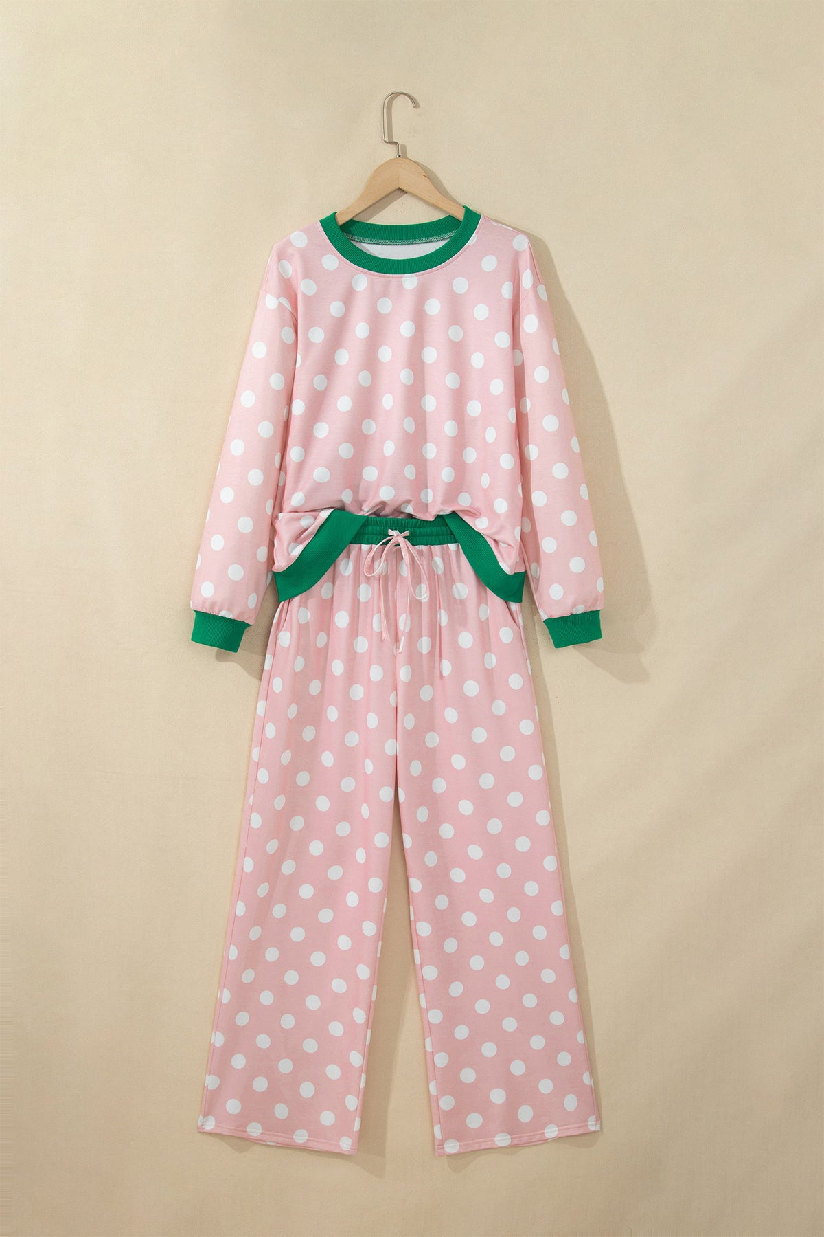 Sky Blue Polka Dot Contrast Trim Long Sleeve Top Drawstring Shift Pants Set