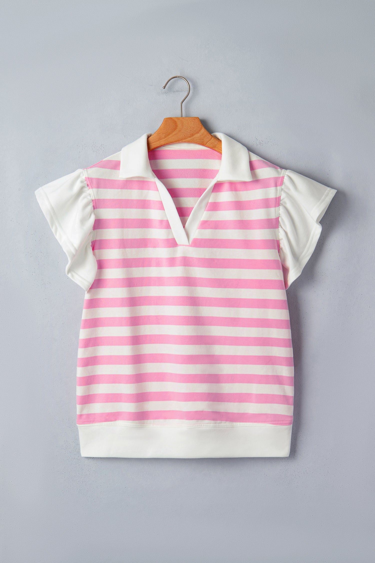 Pink stripe collar V-neck blouse with ruffled short sleeves from Lavendar Lane Clothing, stylish and feminine top.