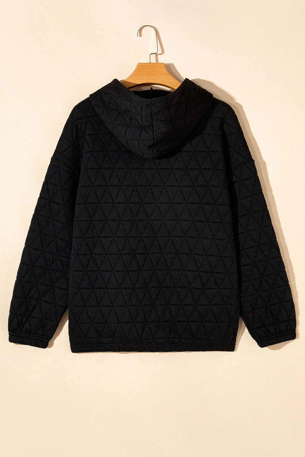 Black Solid Color Quilted Kangaroo Pocket Hoodie