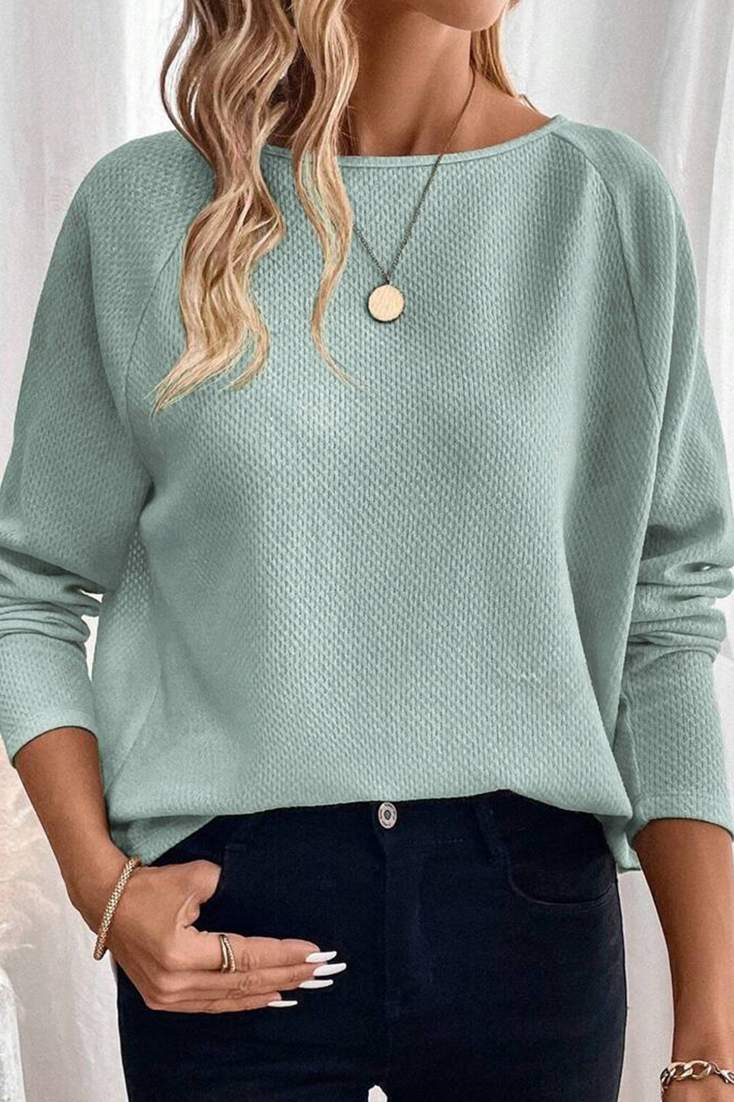 Lavendar Lane Clothing moonlight jade textured raglan sleeve knit blouse with loose fit and casual style.