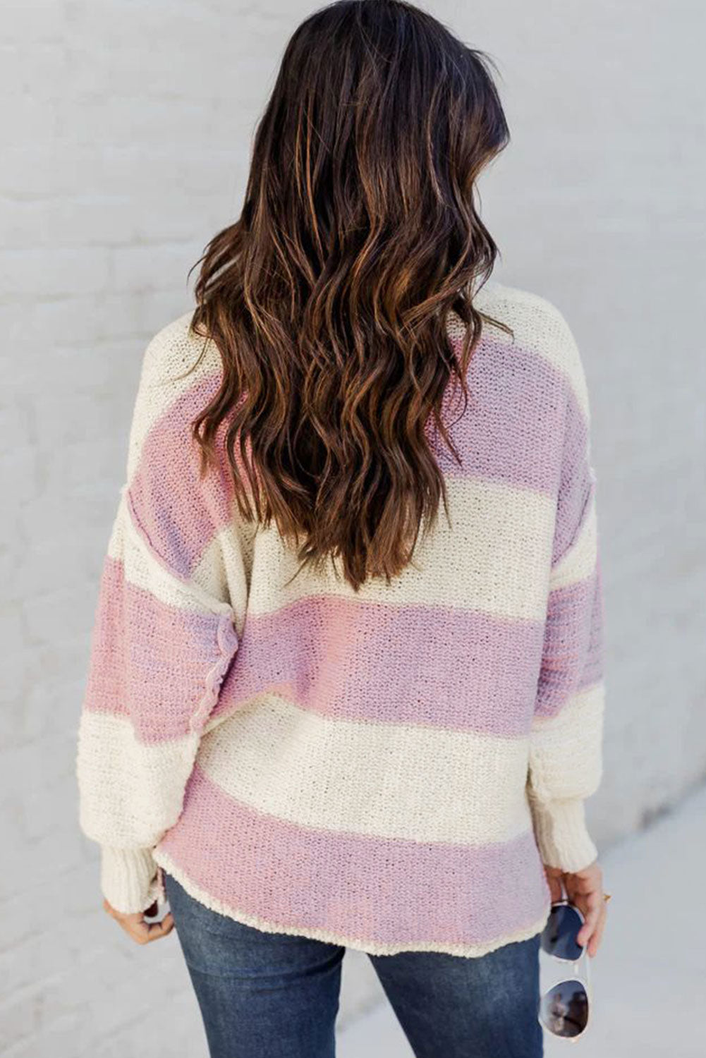 Pink Striped Knit Button Ribbed Split Neck Sweater