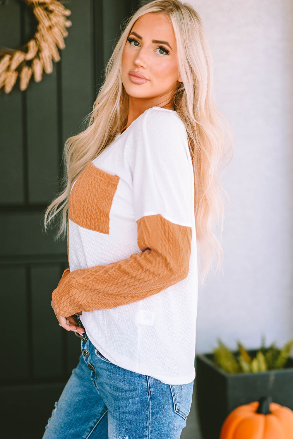 Orange Long Sleeve Colorblock Chest Pocket Textured Knit Top