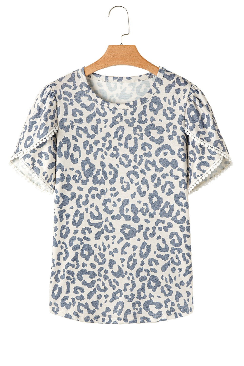 Beige Leopard Round Neck Lace Trim Petal Sleeve Top