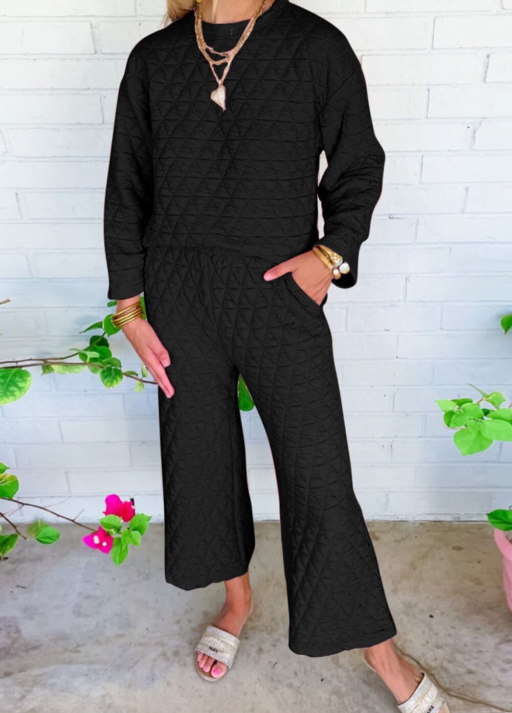 Solid Quilted Pullover and Pants Outfit-Variety of Colors Material: Material: 95% Polyester+5% Elastane  It includes a quilted pullover top and matching pants. It’s soft and comfy for all day wearing.