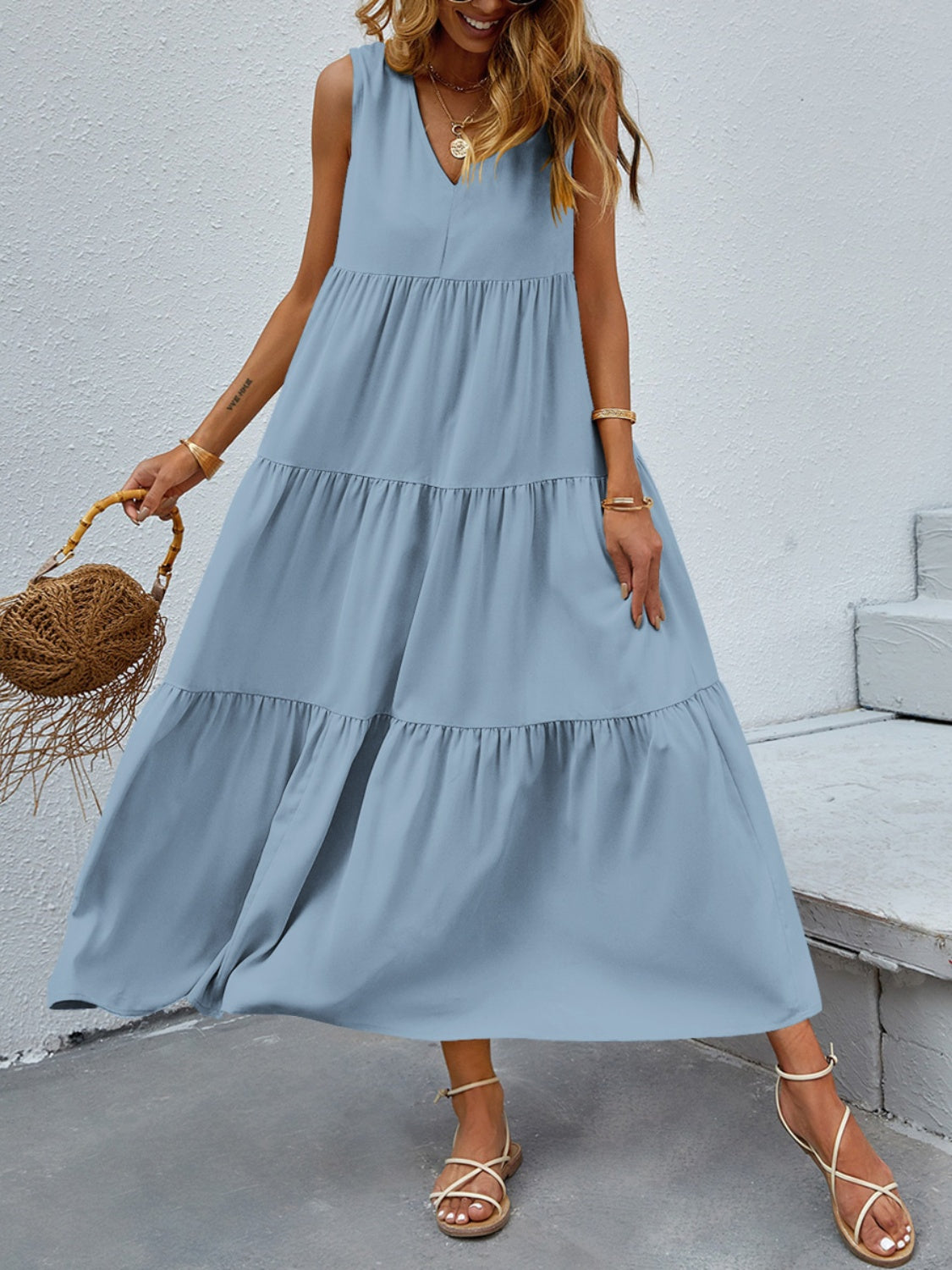 Tiered V-Neck Sleeve Dress